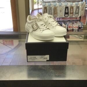 White Leather Rhinestone Buckle Sneakers by J/Slides